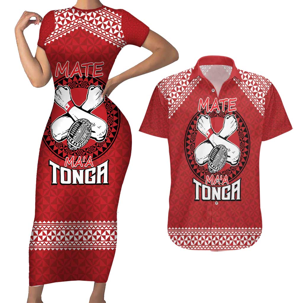 Tonga Rugby XIII Custom Couples Matching Short Sleeve Bodycon Dress and Hawaiian Shirt Mate Ma'a Tonga with Ngatu Pattern LT9 Red - Polynesian Pride