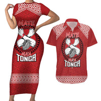 Tonga Rugby XIII Custom Couples Matching Short Sleeve Bodycon Dress and Hawaiian Shirt Mate Ma'a Tonga with Ngatu Pattern LT9 Red - Polynesian Pride