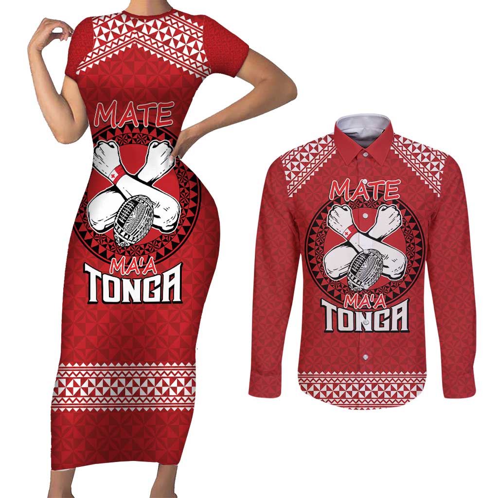Tonga Rugby XIII Custom Couples Matching Short Sleeve Bodycon Dress and Long Sleeve Button Shirt Mate Ma'a Tonga with Ngatu Pattern LT9 Red - Polynesian Pride