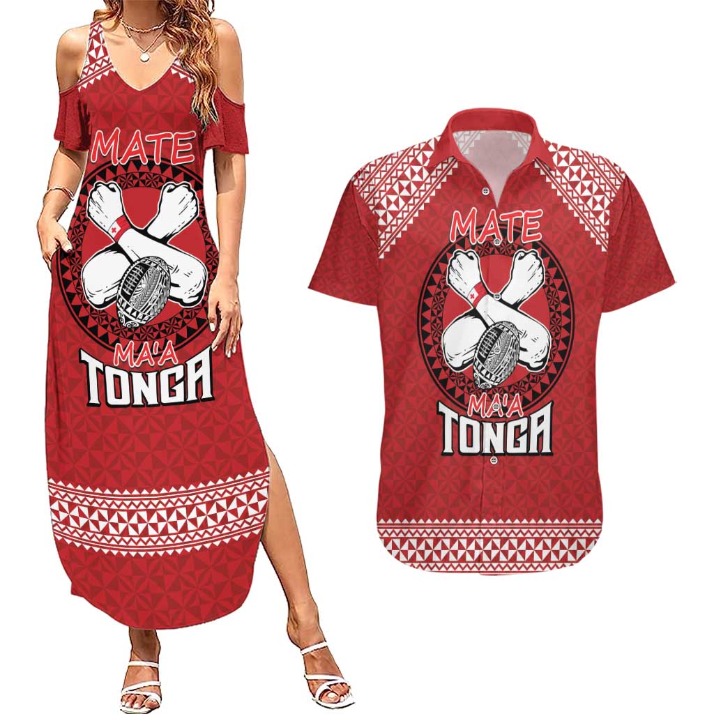 Tonga Rugby XIII Custom Couples Matching Summer Maxi Dress and Hawaiian Shirt Mate Ma'a Tonga with Ngatu Pattern LT9 Red - Polynesian Pride