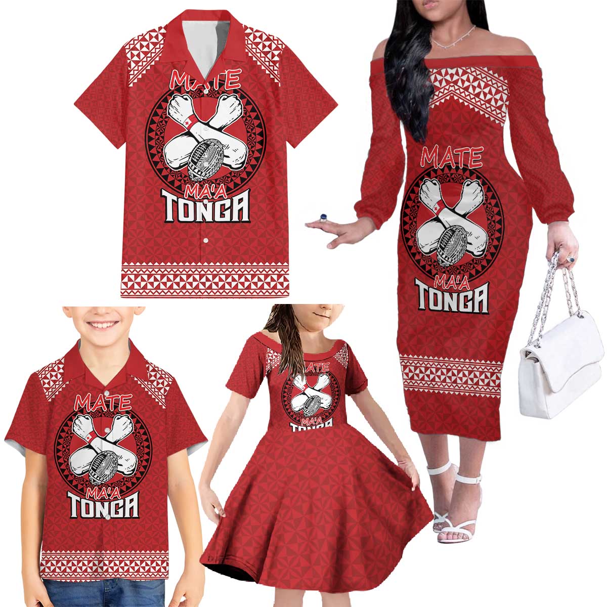 Tonga Rugby XIII Custom Family Matching Off The Shoulder Long Sleeve Dress and Hawaiian Shirt Mate Ma'a Tonga with Ngatu Pattern