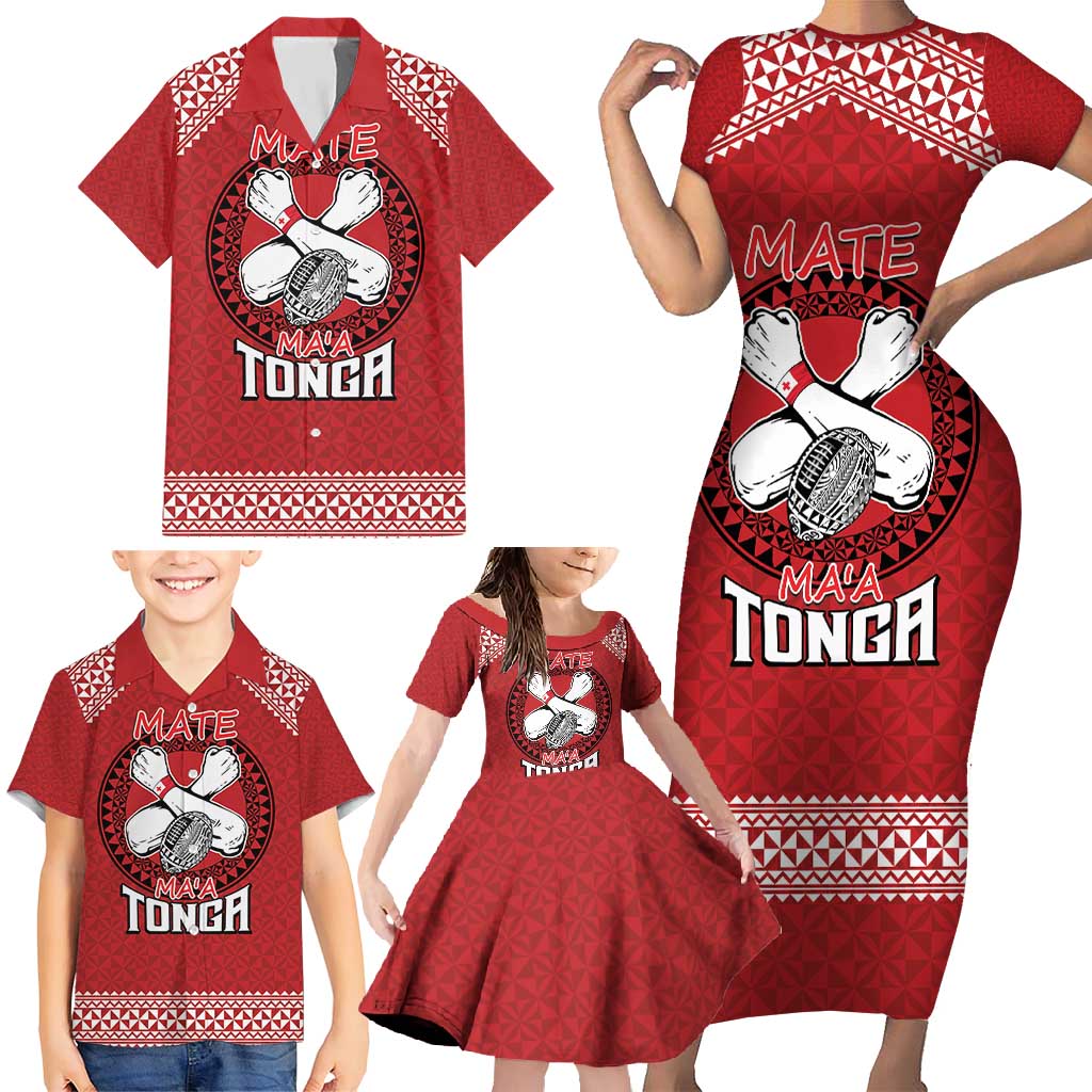 Tonga Rugby XIII Custom Family Matching Short Sleeve Bodycon Dress and Hawaiian Shirt Mate Ma'a Tonga with Ngatu Pattern