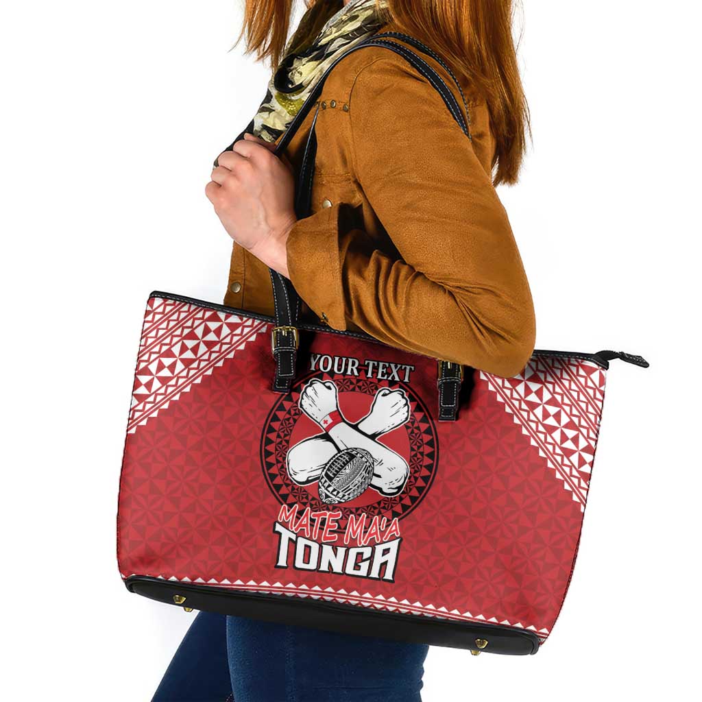 Tonga Rugby XIII Custom Leather Tote Bag Mate Ma'a Tonga with Ngatu Pattern LT9 Red - Polynesian Pride