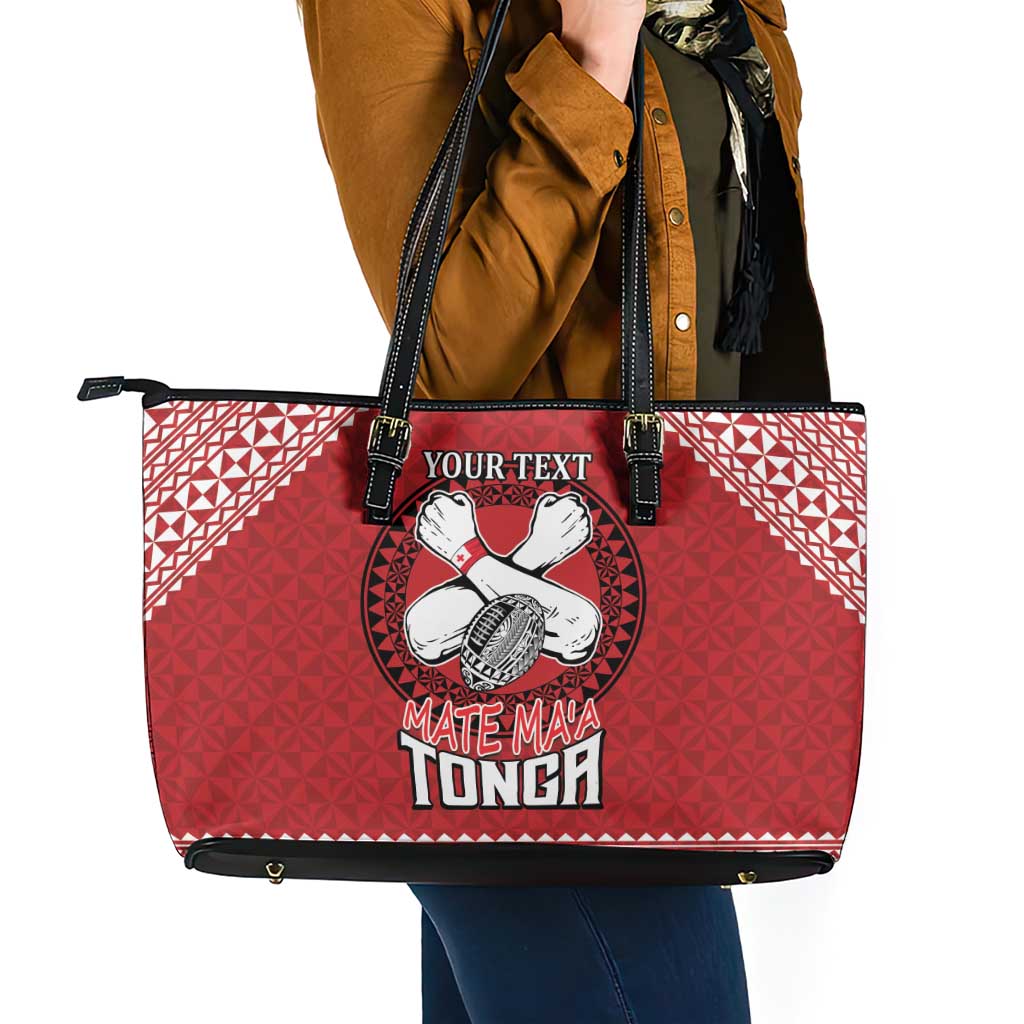 Tonga Rugby XIII Custom Leather Tote Bag Mate Ma'a Tonga with Ngatu Pattern LT9 - Polynesian Pride