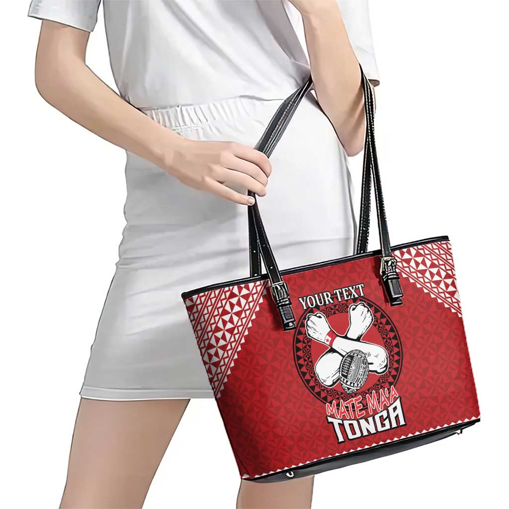 Tonga Rugby XIII Custom Leather Tote Bag Mate Ma'a Tonga with Ngatu Pattern LT9 - Polynesian Pride