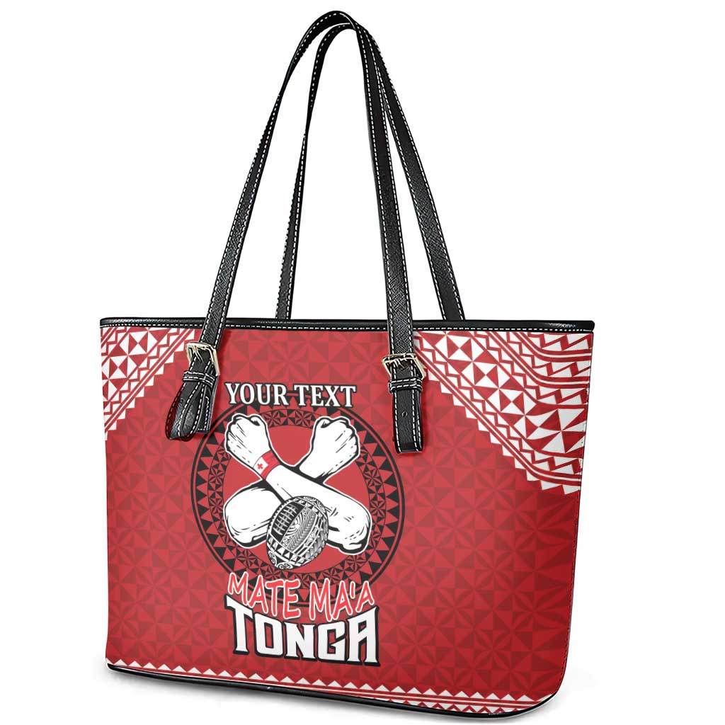 Tonga Rugby XIII Custom Leather Tote Bag Mate Ma'a Tonga with Ngatu Pattern LT9 - Polynesian Pride