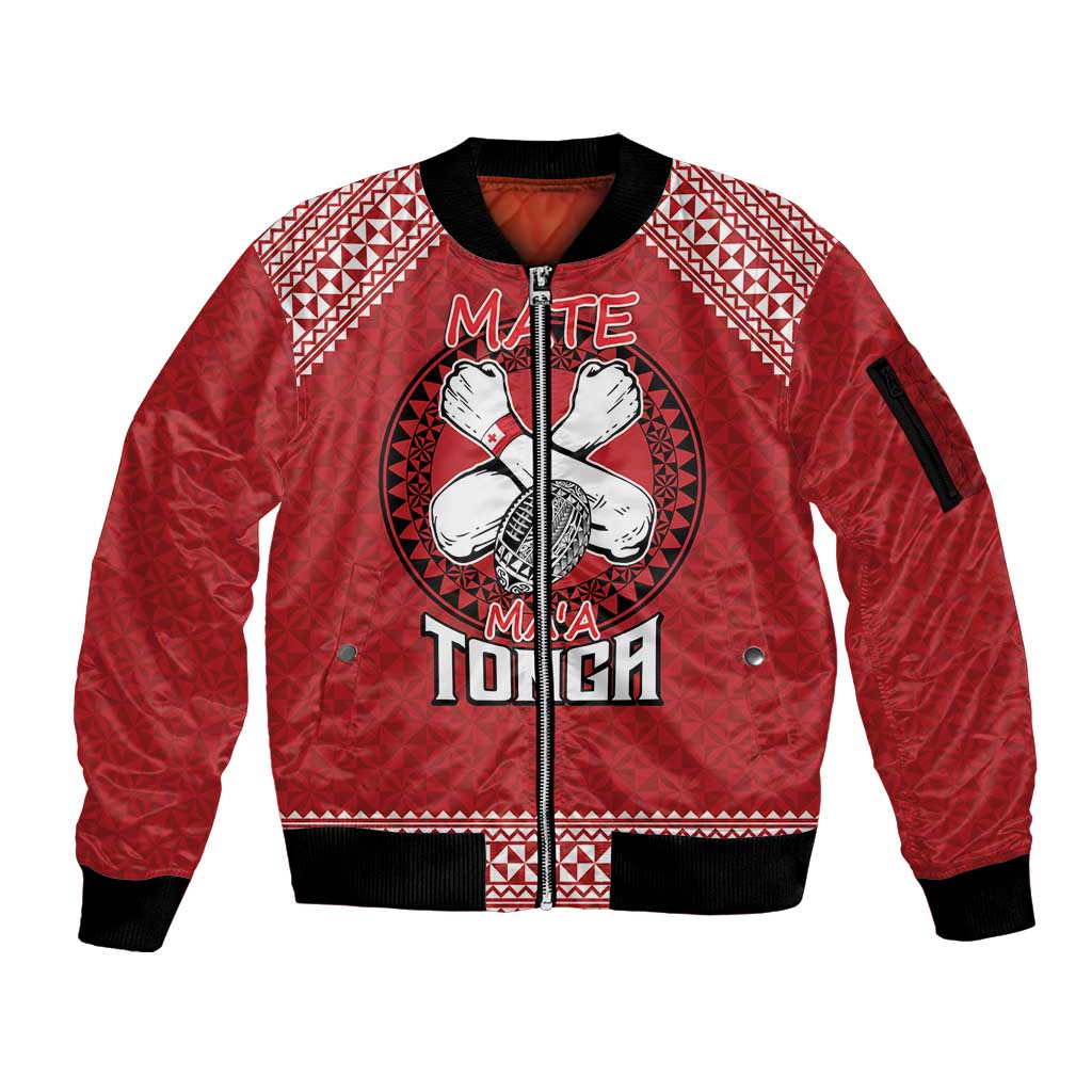 Tonga Rugby XIII Custom Sleeve Zip Bomber Jacket Mate Ma'a Tonga with Ngatu Pattern