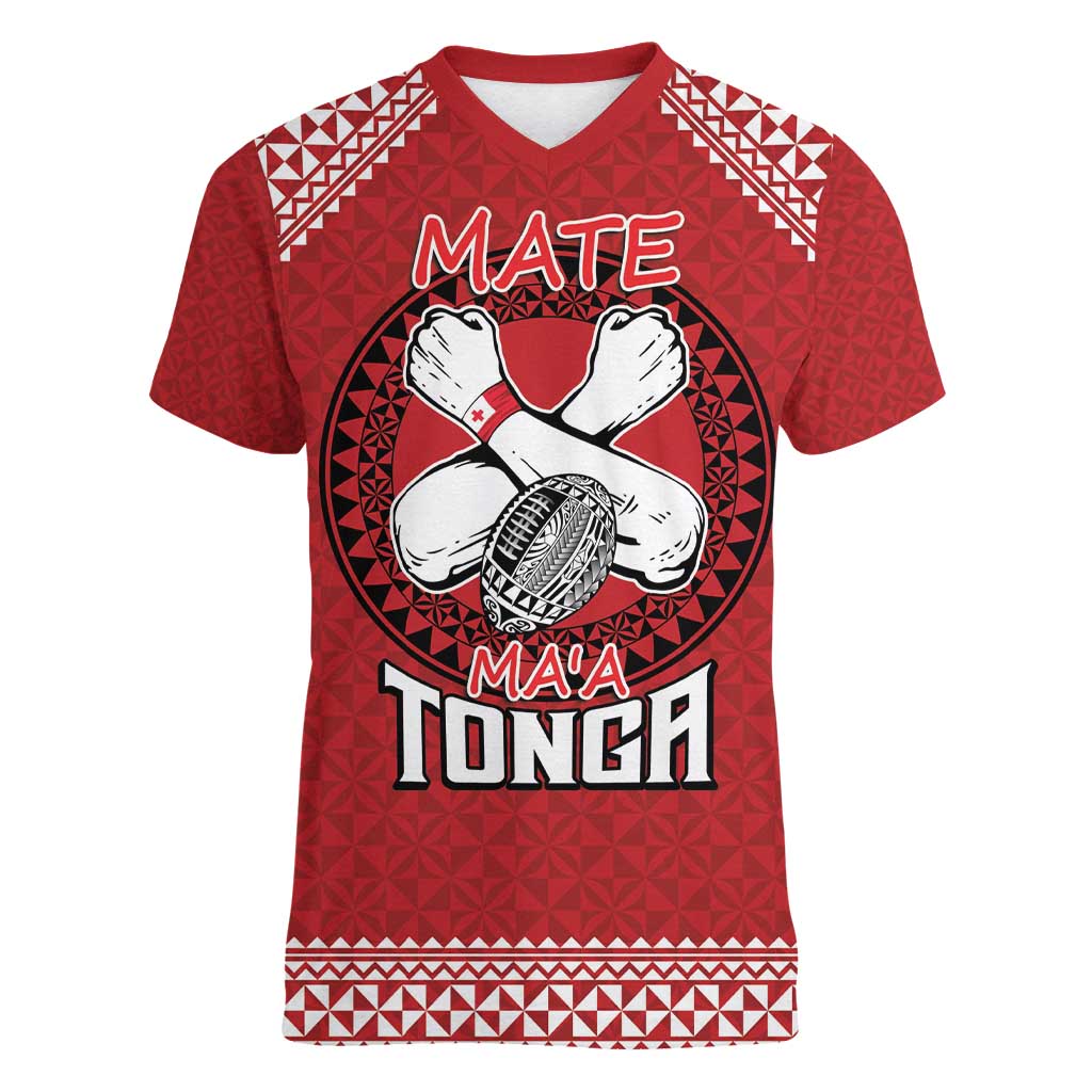 Tonga Rugby XIII Custom Women V-Neck T-Shirt Mate Ma'a Tonga with Ngatu Pattern