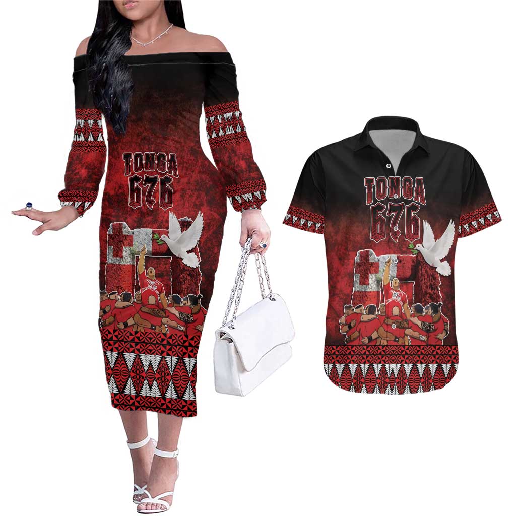 Custom Tonga 676 Haamonga a Maui Couples Matching Off The Shoulder Long Sleeve Dress and Hawaiian Shirt Tongan Sipi Tau Unique Dance LT9 Red - Polynesian Pride