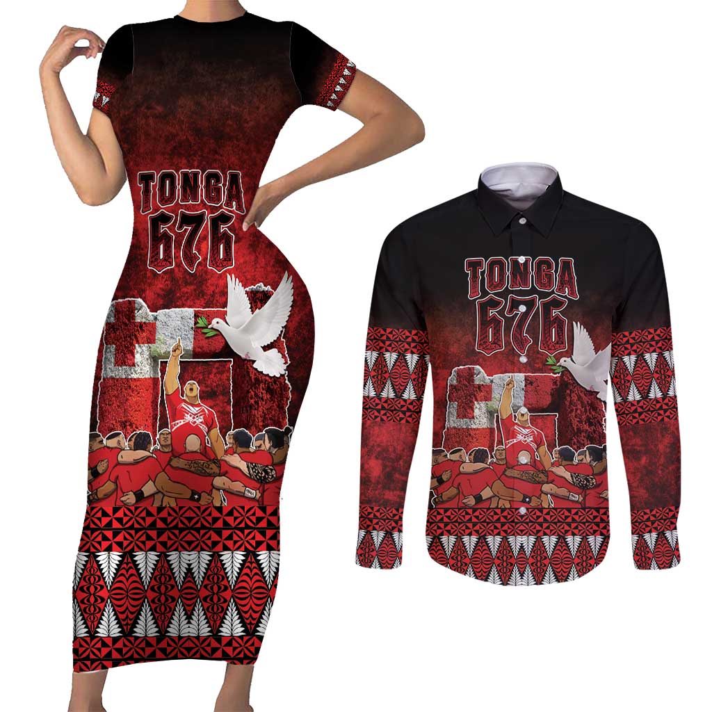 Custom Tonga 676 Haamonga a Maui Couples Matching Short Sleeve Bodycon Dress and Long Sleeve Button Shirt Tongan Sipi Tau Unique Dance LT9 Red - Polynesian Pride