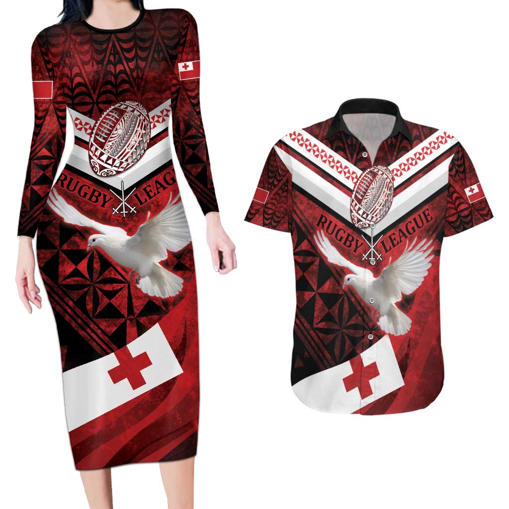 Custom Tonga XIII Rugby Tribal Tattoo Couples Matching Long Sleeve Bodycon Dress and Hawaiian Shirt Mate Ma'a Tonga Kupesi Ngatu Grunge Style