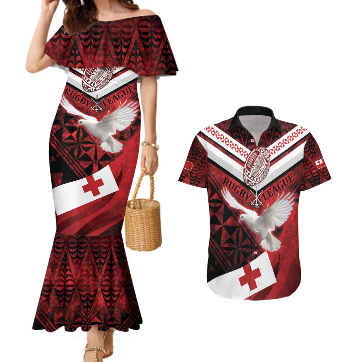 Custom Tonga XIII Rugby Tribal Tattoo Couples Matching Mermaid Dress and Hawaiian Shirt Mate Ma'a Tonga Kupesi Ngatu Grunge Style