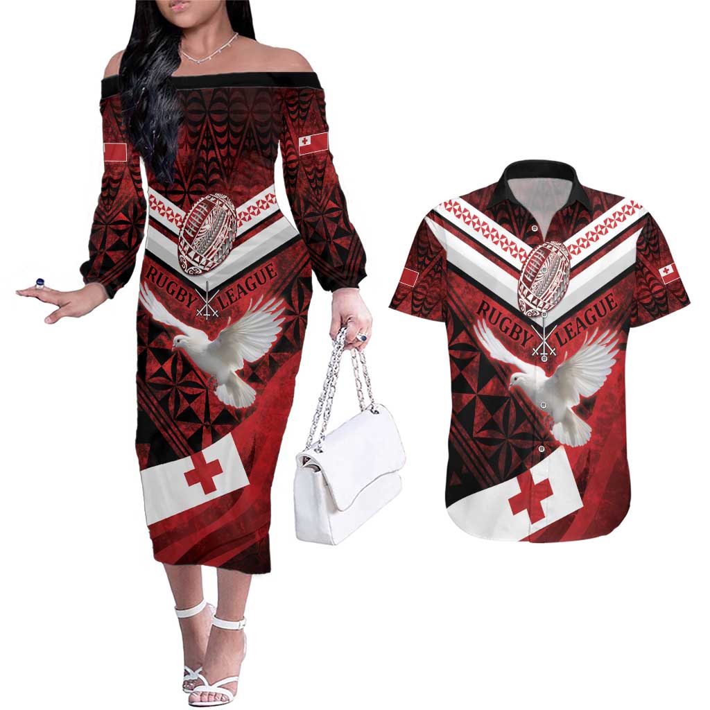 Custom Tonga XIII Rugby Tribal Tattoo Couples Matching Off The Shoulder Long Sleeve Dress and Hawaiian Shirt Mate Ma'a Tonga Kupesi Ngatu Grunge Style