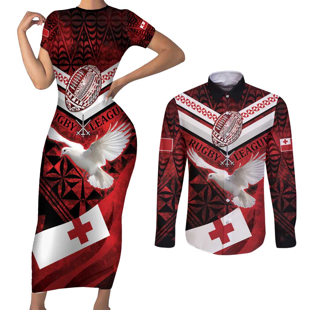 Custom Tonga XIII Rugby Tribal Tattoo Couples Matching Short Sleeve Bodycon Dress and Long Sleeve Button Shirt Mate Ma'a Tonga Kupesi Ngatu Grunge Style LT9 Red - Polynesian Pride