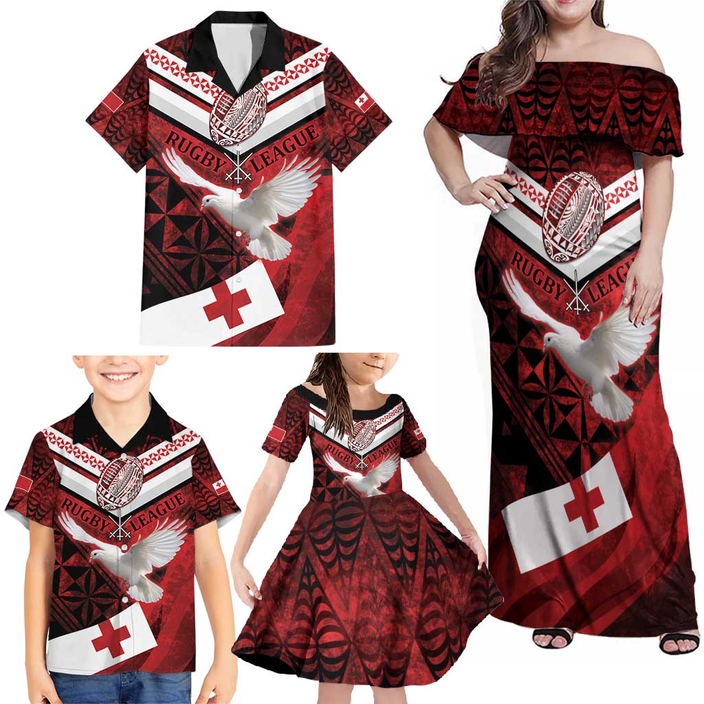 Custom Tonga XIII Rugby Tribal Tattoo Family Matching Off Shoulder Maxi Dress and Hawaiian Shirt Mate Ma'a Tonga Kupesi Ngatu Grunge Style