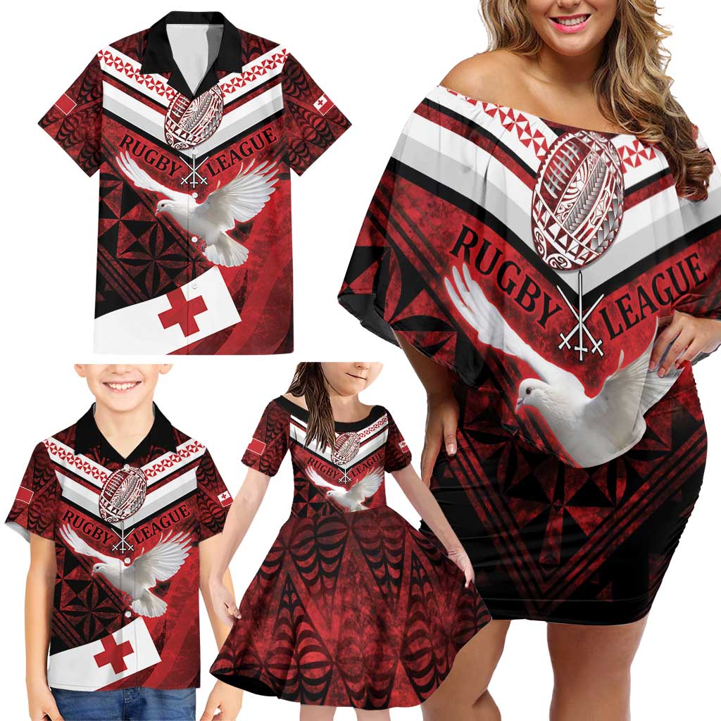 Custom Tonga XIII Rugby Tribal Tattoo Family Matching Off Shoulder Short Dress and Hawaiian Shirt Mate Ma'a Tonga Kupesi Ngatu Grunge Style