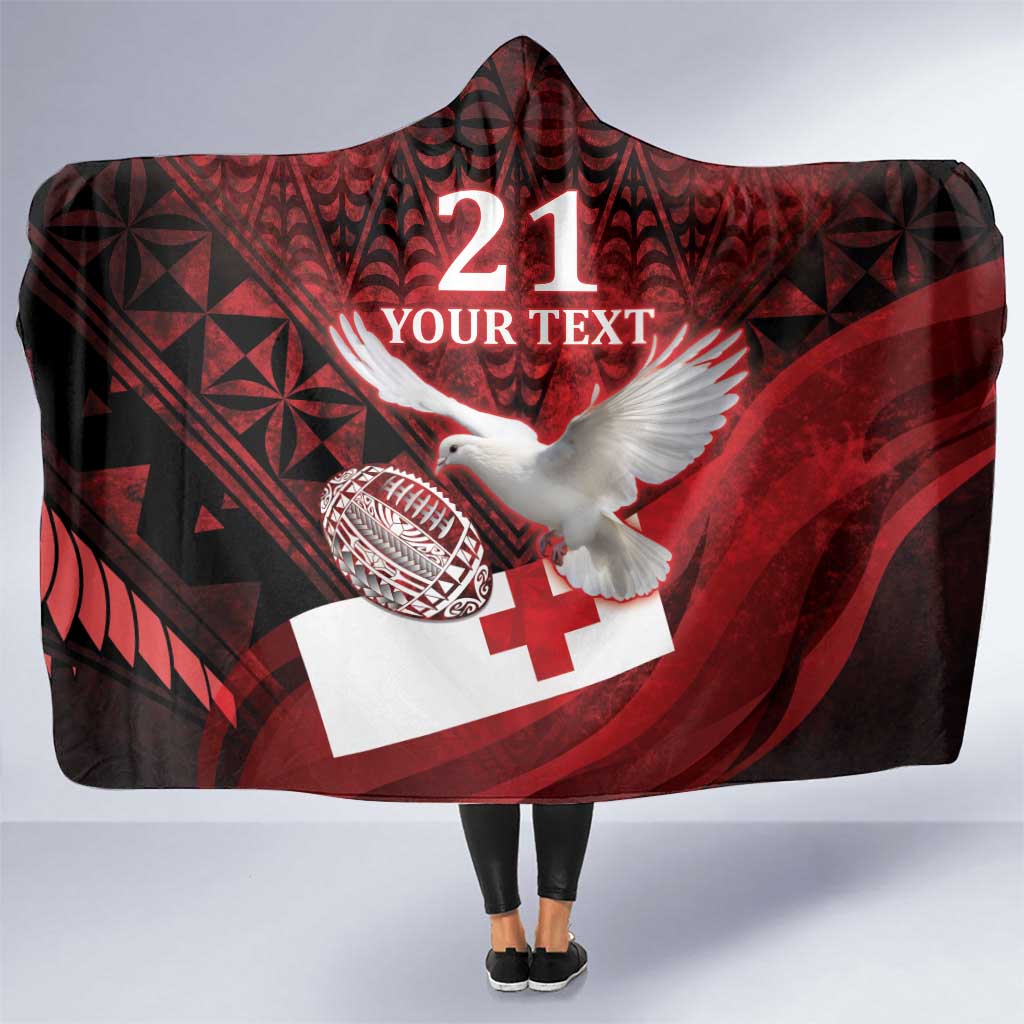 Custom Tonga XIII Rugby Tribal Tattoo Hooded Blanket Mate Ma'a Tonga Kupesi Ngatu Grunge Style