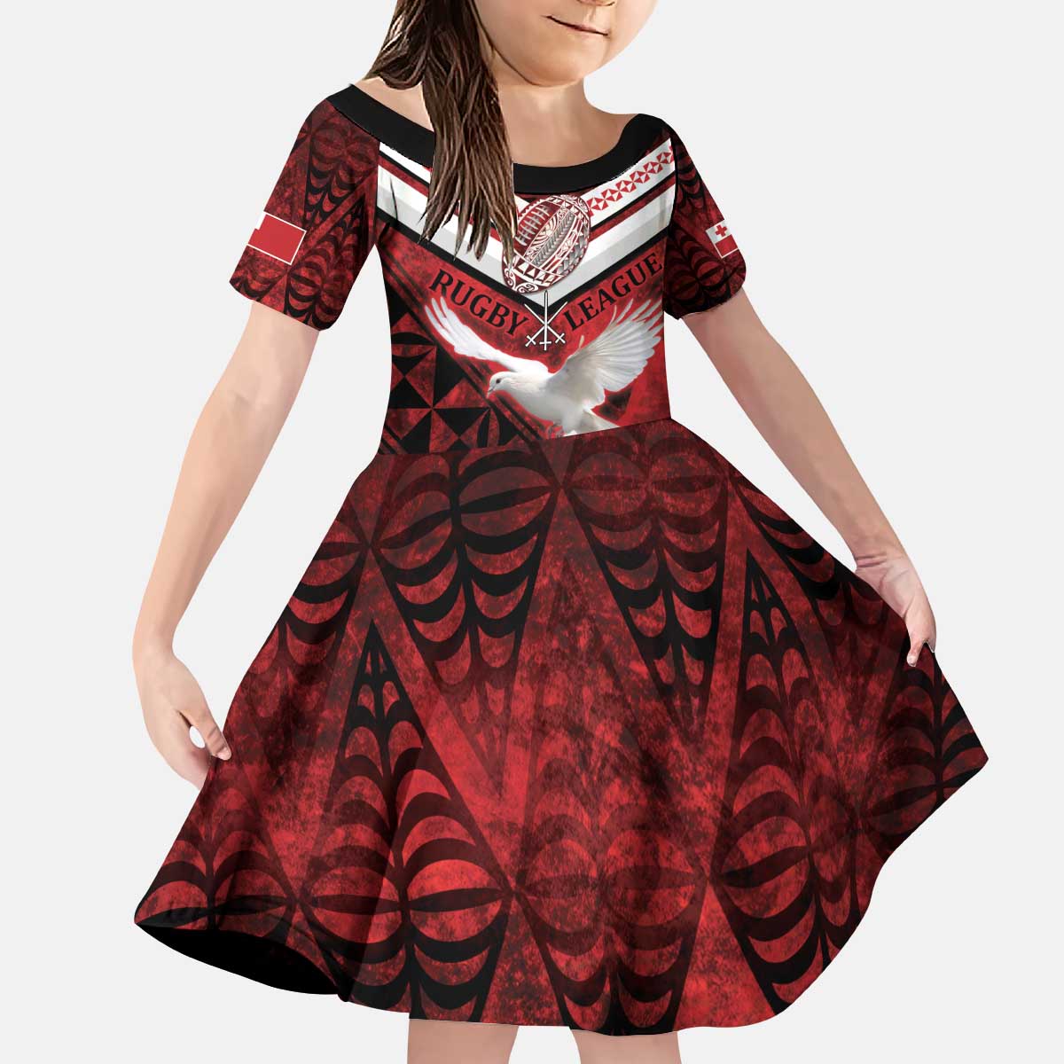 Custom Tonga XIII Rugby Tribal Tattoo Kid Short Sleeve Dress Mate Ma'a Tonga Kupesi Ngatu Grunge Style