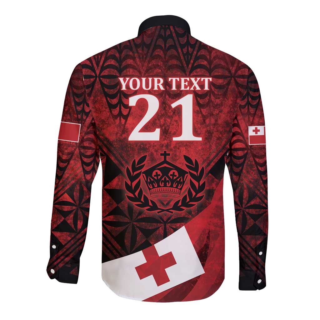 Custom Tonga XIII Rugby Tribal Tattoo Long Sleeve Button Shirt Mate Ma'a Tonga Kupesi Ngatu Grunge Style