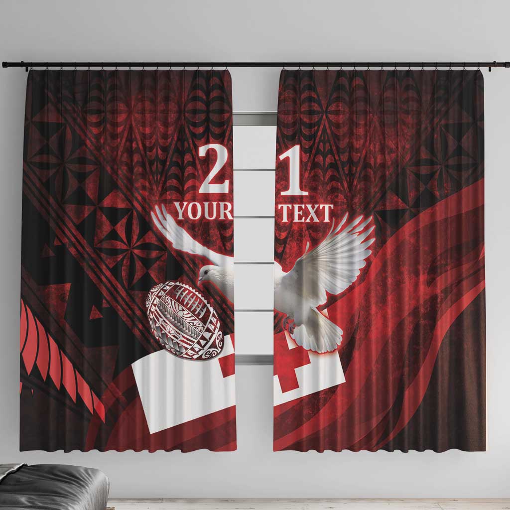Custom Tonga XIII Rugby Tribal Tattoo Window Curtain Mate Ma'a Tonga Kupesi Ngatu Grunge Style LT9 With Hooks Red - Polynesian Pride