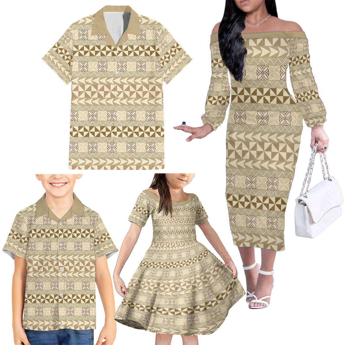 Pasifika Sataoa Pattern Simple Motif Family Matching Off Shoulder Long Sleeve Dress and Hawaiian Shirt Beige Tan LT9 - Polynesian Pride