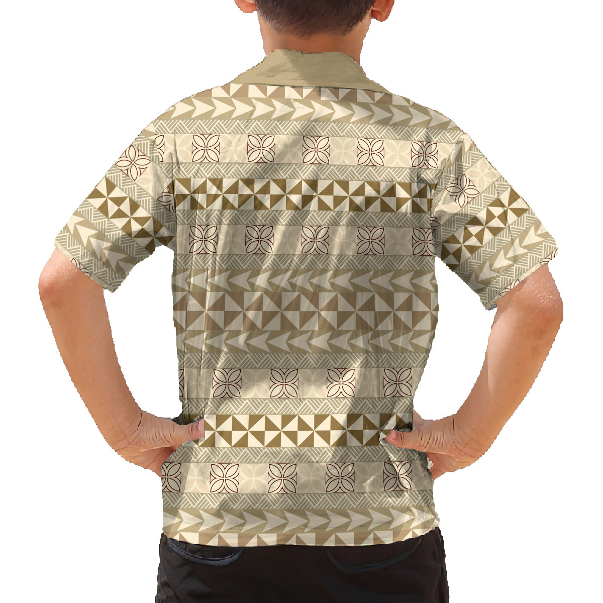 Pasifika Sataoa Pattern Simple Motif Family Matching Off Shoulder Maxi Dress and Hawaiian Shirt Beige Tan LT9 - Polynesian Pride