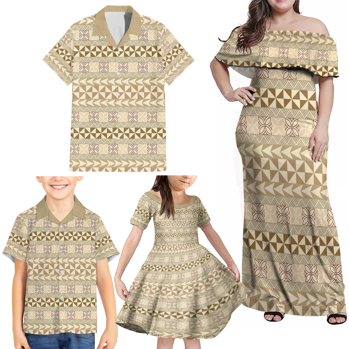 Pasifika Sataoa Pattern Simple Motif Family Matching Off Shoulder Maxi Dress and Hawaiian Shirt Beige Tan LT9 - Polynesian Pride