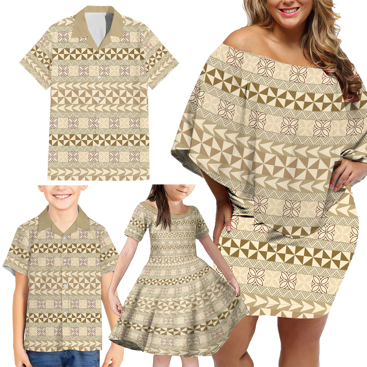 Pasifika Sataoa Pattern Simple Motif Family Matching Off Shoulder Short Dress and Hawaiian Shirt Beige Tan LT9 - Polynesian Pride