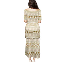 Pasifika Sataoa Pattern Simple Motif Family Matching Puletasi and Hawaiian Shirt Beige Tan LT9 - Polynesian Pride
