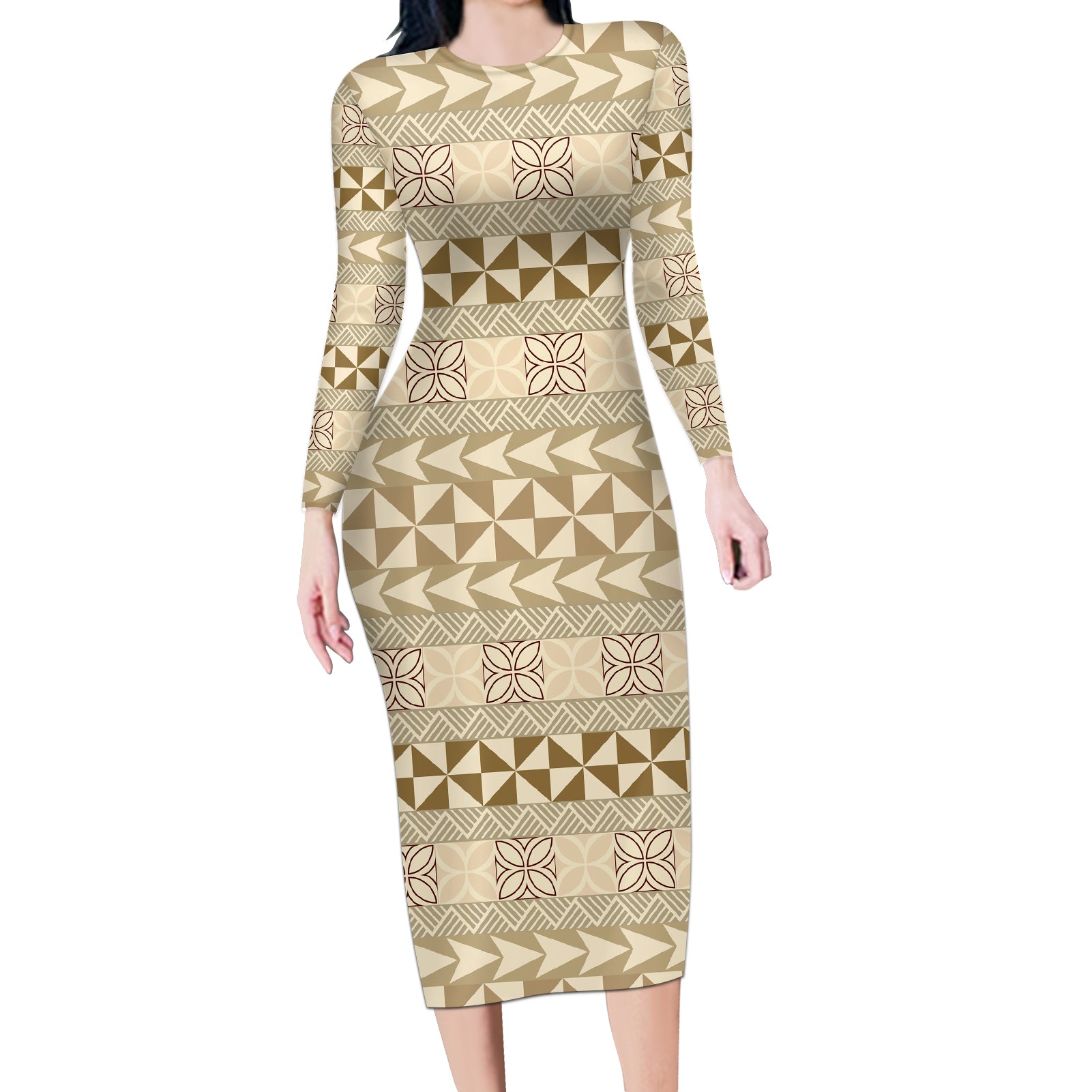 Pasifika Sataoa Pattern Simple Motif Long Sleeve Bodycon Dress Beige Tan LT9 Long Dress Beige Tan - Polynesian Pride