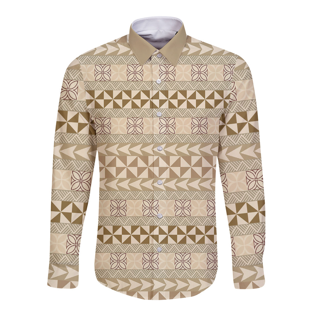 Pasifika Sataoa Pattern Simple Motif Long Sleeve Button Shirt Beige Tan LT9 Unisex Beige Tan - Polynesian Pride