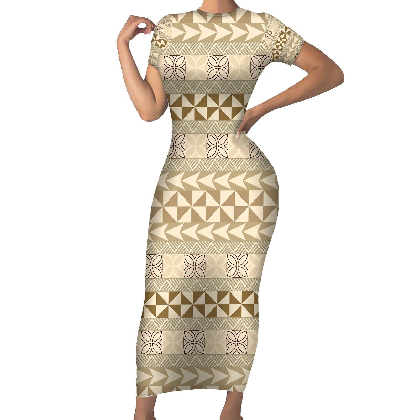 Pasifika Sataoa Pattern Simple Motif Short Sleeve Bodycon Dress Beige Tan LT9 Long Dress Beige Tan - Polynesian Pride