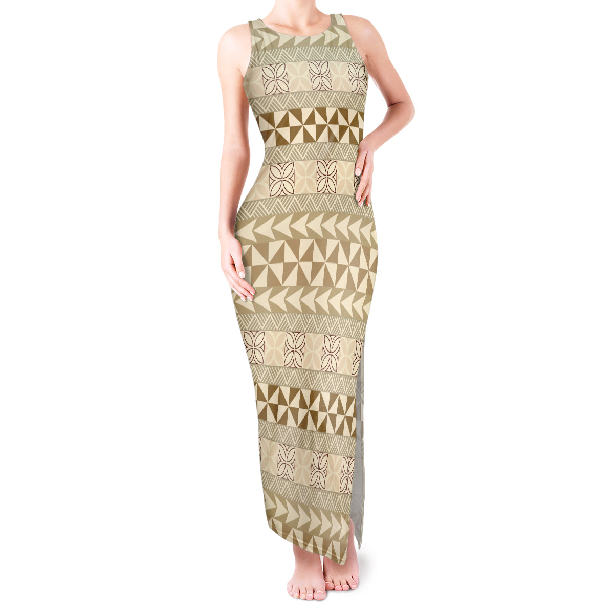 Pasifika Sataoa Pattern Simple Motif Tank Maxi Dress Beige Tan LT9 Women Beige Tan - Polynesian Pride