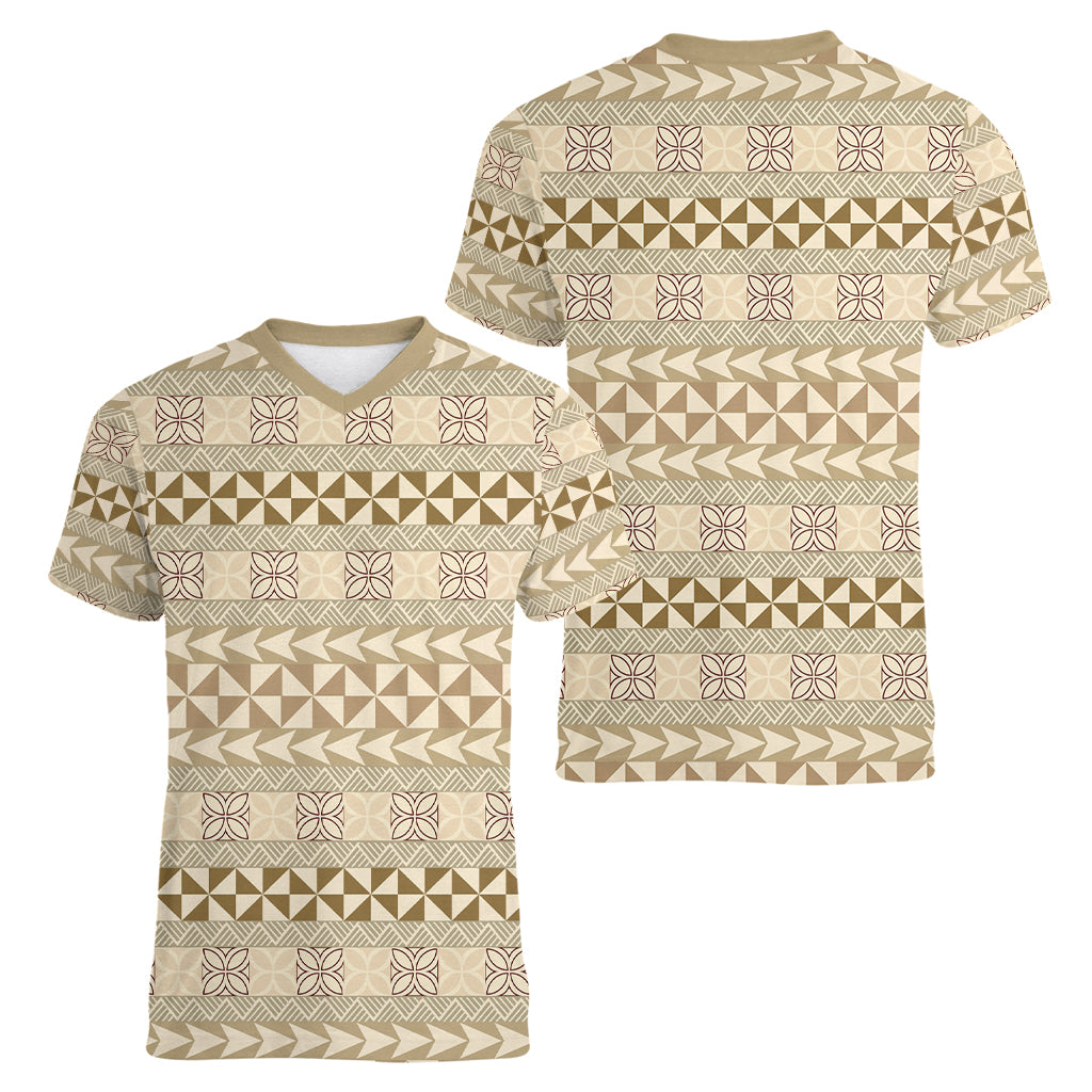 Pasifika Sataoa Pattern Simple Motif Women V Neck T Shirt Beige Tan LT9 - Polynesian Pride