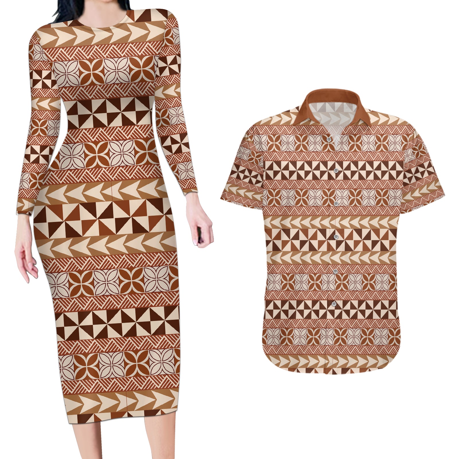 Pasifika Sataoa Pattern Simple Motif Couples Matching Long Sleeve Bodycon Dress and Hawaiian Shirt Brown Beige Tan LT9 Brown - Polynesian Pride