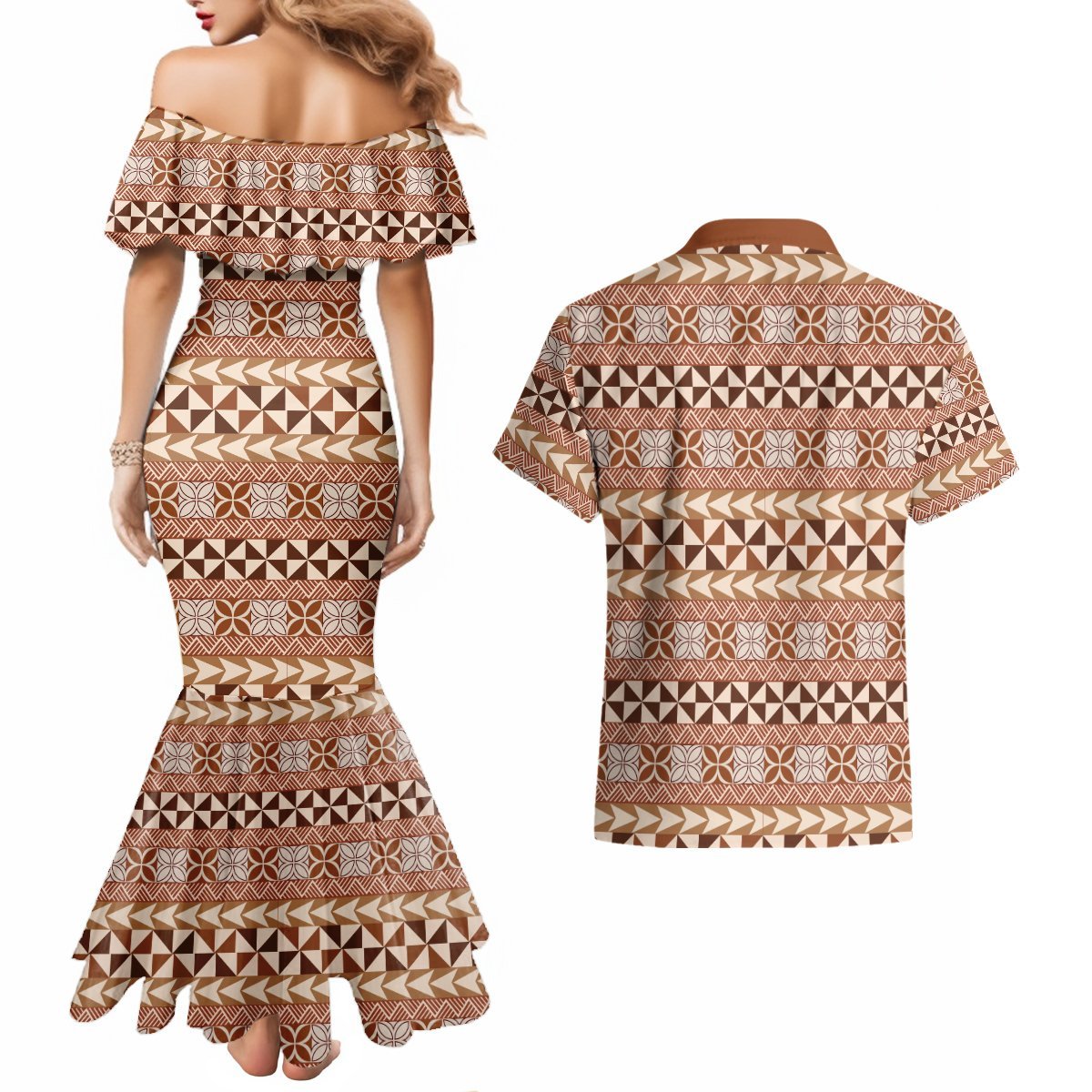 Pasifika Sataoa Pattern Simple Motif Couples Matching Mermaid Dress and Hawaiian Shirt Brown Beige Tan LT9 - Polynesian Pride