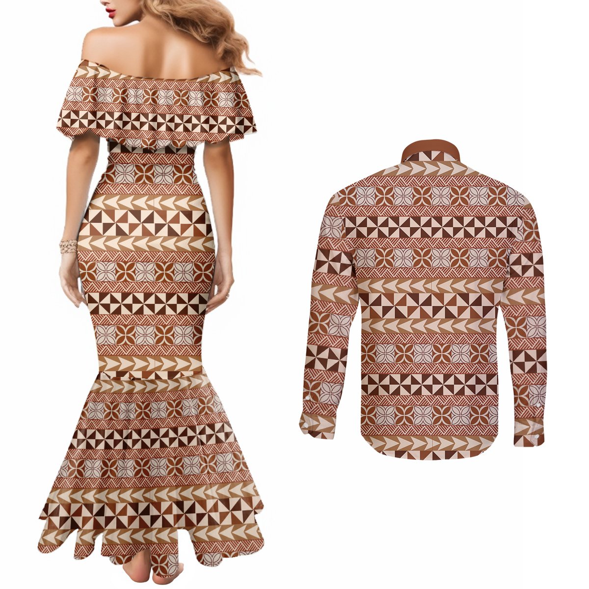 Pasifika Sataoa Pattern Simple Motif Couples Matching Mermaid Dress and Long Sleeve Button Shirt Brown Beige Tan LT9 - Polynesian Pride
