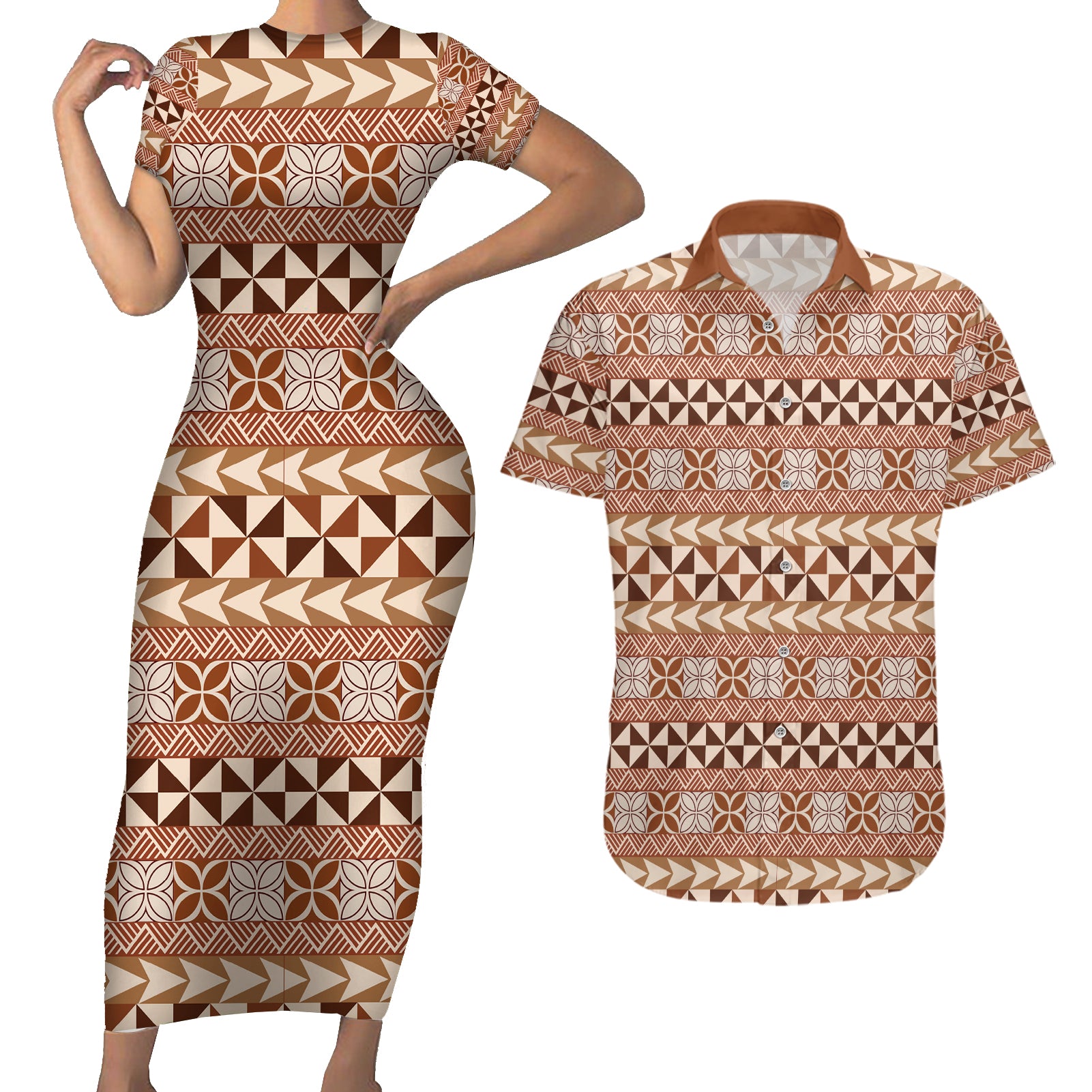 Pasifika Sataoa Pattern Simple Motif Couples Matching Short Sleeve Bodycon Dress and Hawaiian Shirt Brown Beige Tan LT9 Brown - Polynesian Pride