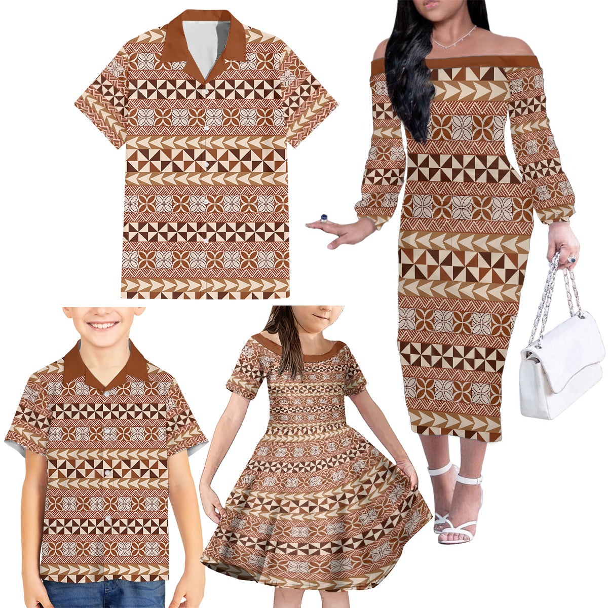 Pasifika Sataoa Pattern Simple Motif Family Matching Off Shoulder Long Sleeve Dress and Hawaiian Shirt Brown Beige Tan LT9 - Polynesian Pride