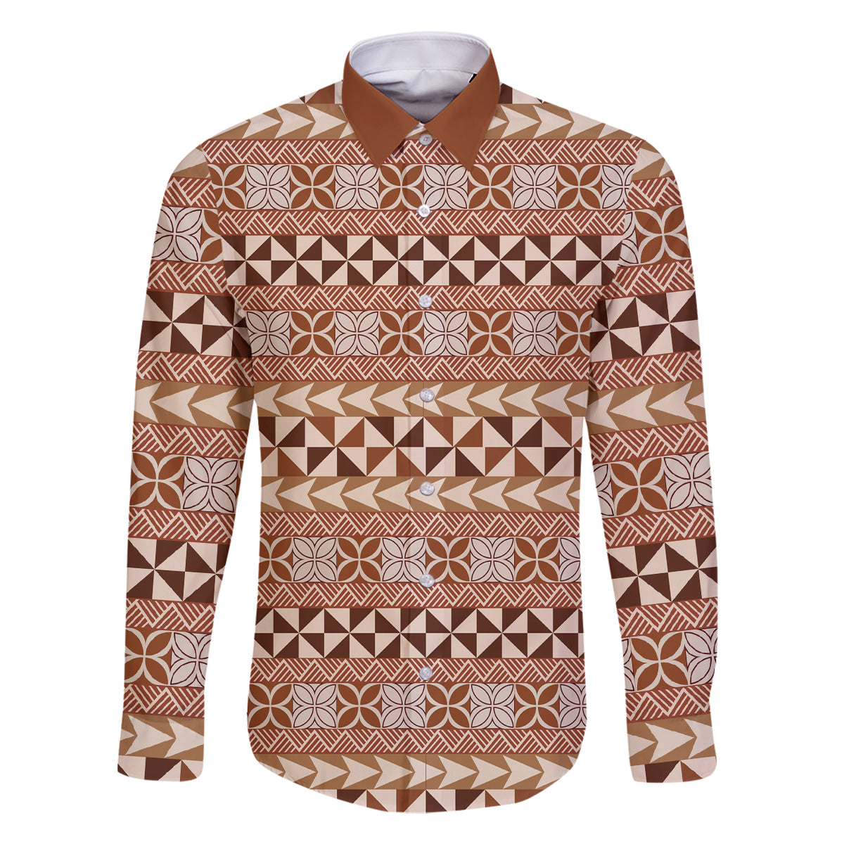 Pasifika Sataoa Pattern Simple Motif Family Matching Off Shoulder Maxi Dress and Hawaiian Shirt Brown Beige Tan LT9 Dad's Shirt - Long Sleeve Brown - Polynesian Pride