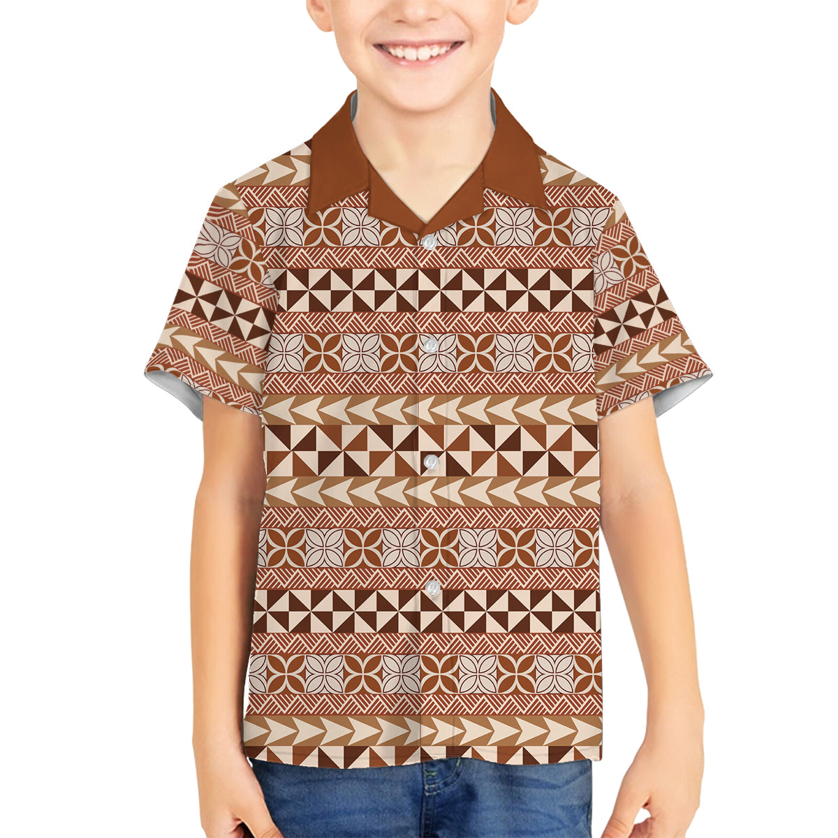 Pasifika Sataoa Pattern Simple Motif Family Matching Off Shoulder Maxi Dress and Hawaiian Shirt Brown Beige Tan LT9 Son's Shirt Brown - Polynesian Pride