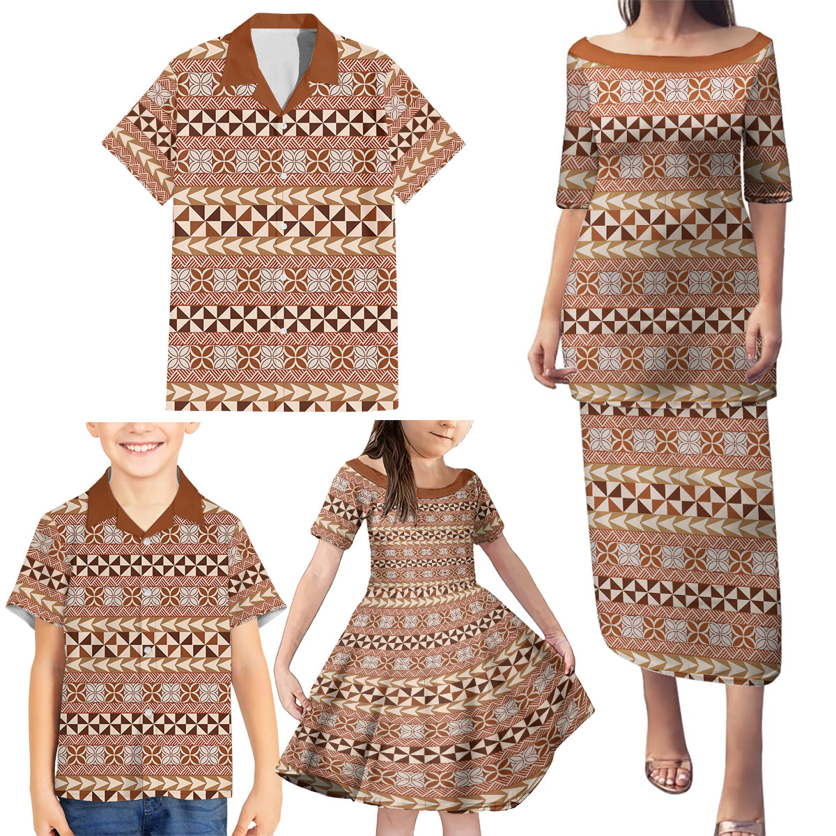 Pasifika Sataoa Pattern Simple Motif Family Matching Puletasi and Hawaiian Shirt Brown Beige Tan LT9 - Polynesian Pride