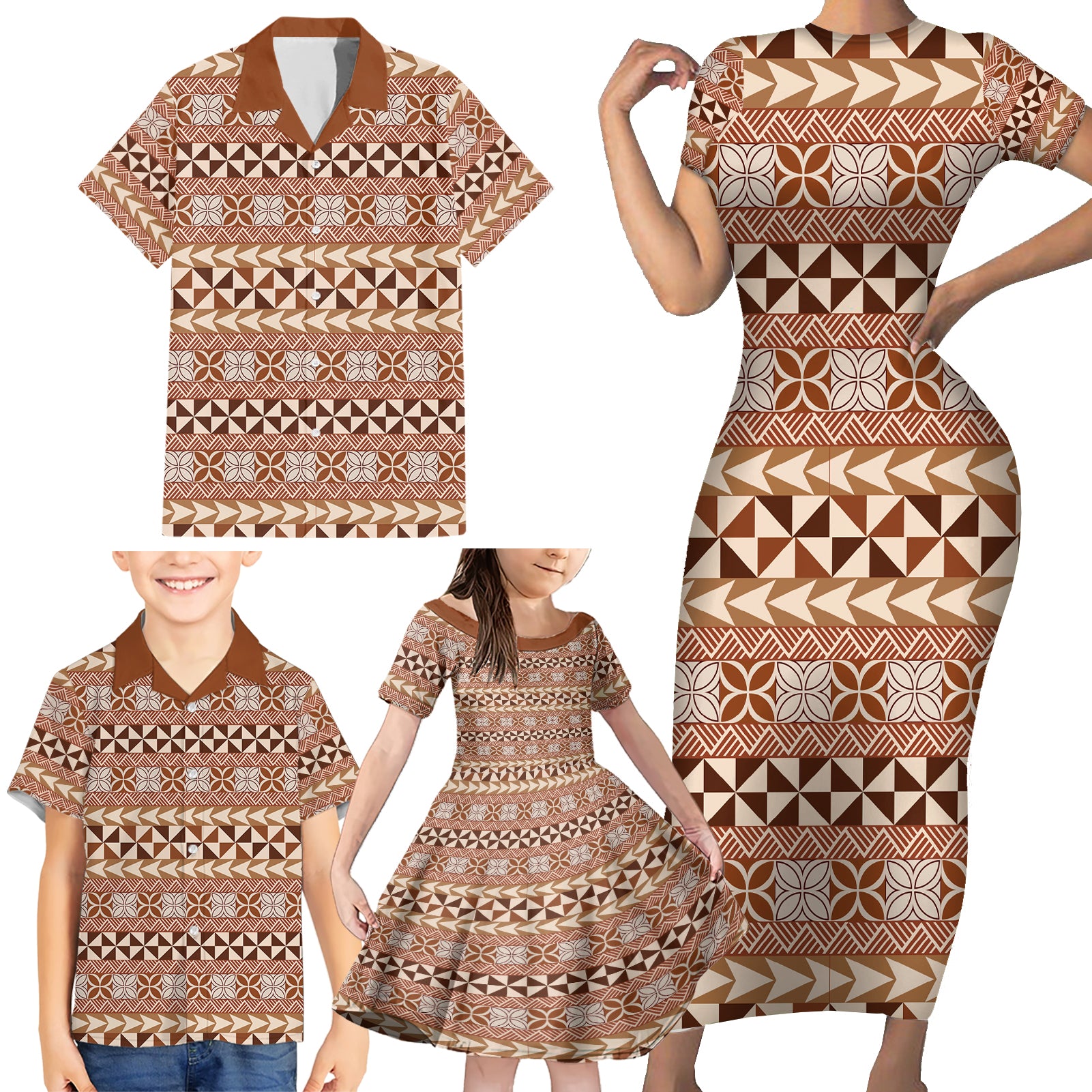 Pasifika Sataoa Pattern Simple Motif Family Matching Short Sleeve Bodycon Dress and Hawaiian Shirt Brown Beige Tan LT9 - Polynesian Pride