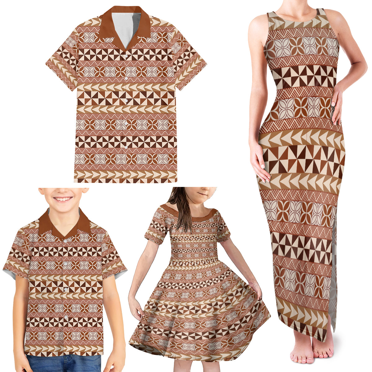 Pasifika Sataoa Pattern Simple Motif Family Matching Tank Maxi Dress and Hawaiian Shirt Brown Beige Tan LT9 - Polynesian Pride