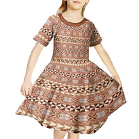 Pasifika Sataoa Pattern Simple Motif Kid Short Sleeve Dress Brown Beige Tan LT9 - Polynesian Pride