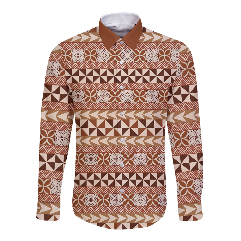 Pasifika Sataoa Pattern Simple Motif Long Sleeve Button Shirt Brown Beige Tan LT9 Unisex Brown - Polynesian Pride