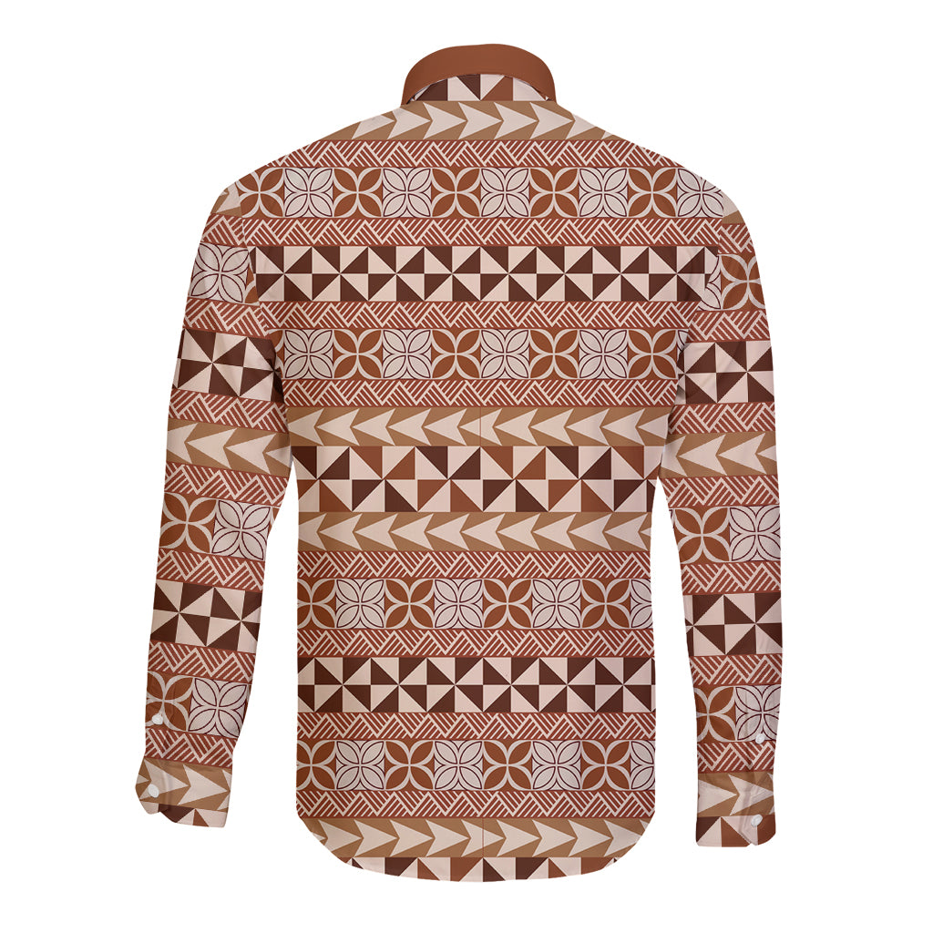 Pasifika Sataoa Pattern Simple Motif Long Sleeve Button Shirt Brown Beige Tan LT9 - Polynesian Pride