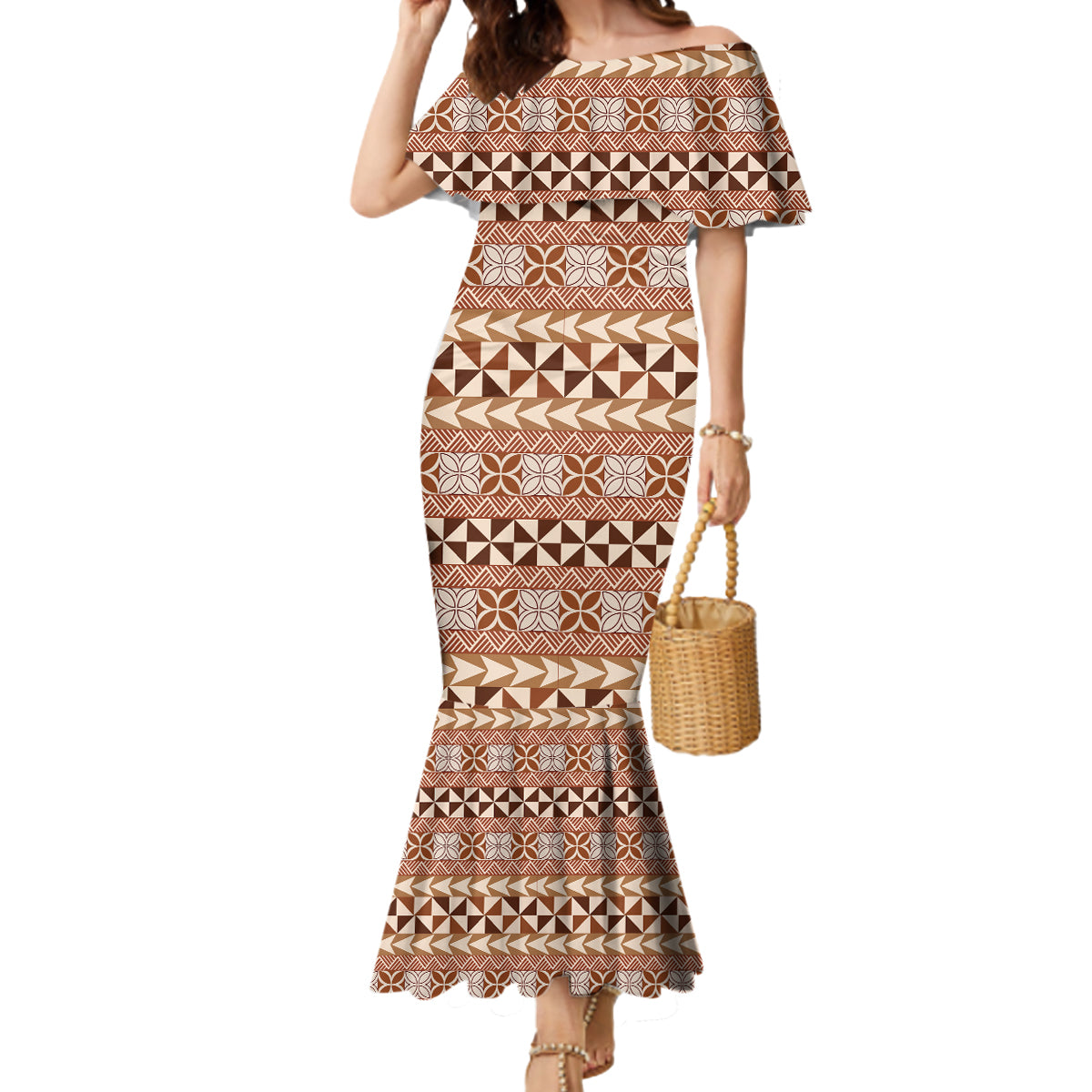 Pasifika Sataoa Pattern Simple Motif Mermaid Dress Brown Beige Tan LT9 Women Brown - Polynesian Pride