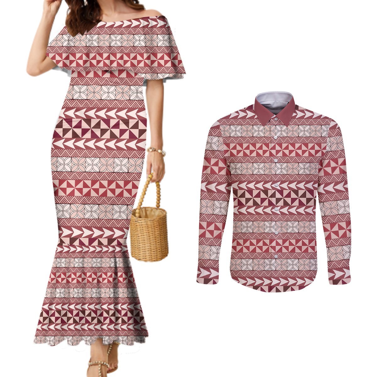 Pasifika Sataoa Pattern Simple Motif Couples Matching Mermaid Dress and Long Sleeve Button Shirt Cherry LT9 Cherry - Polynesian Pride