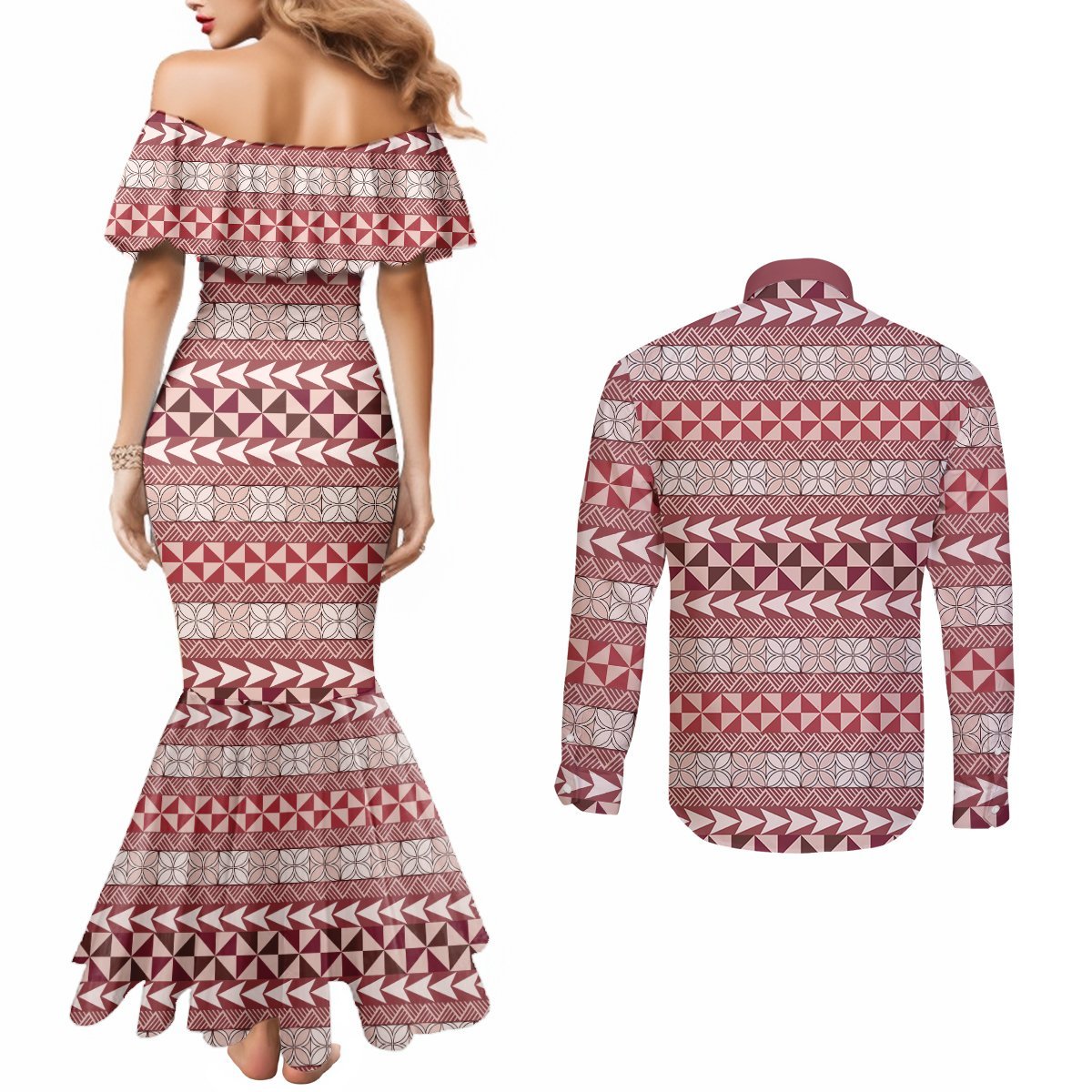 Pasifika Sataoa Pattern Simple Motif Couples Matching Mermaid Dress and Long Sleeve Button Shirt Cherry LT9 - Polynesian Pride